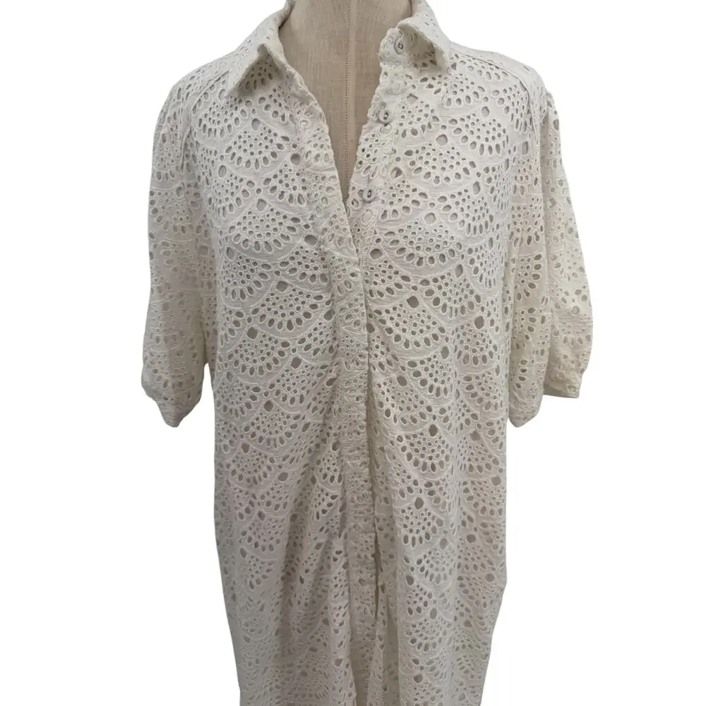 Tanya Taylor Aliciana Eyelet Lace Shirt Dress White Cotton Midi Size 18 NWT